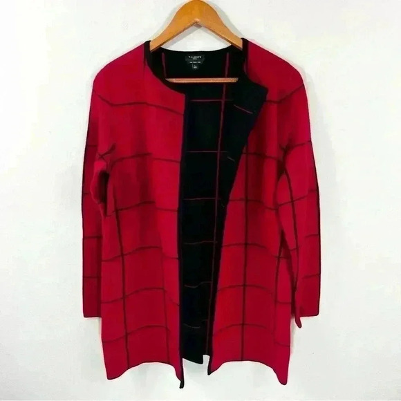Talbots petites red and black merino wool long open front cardigan sweater - Picture 1 of 3